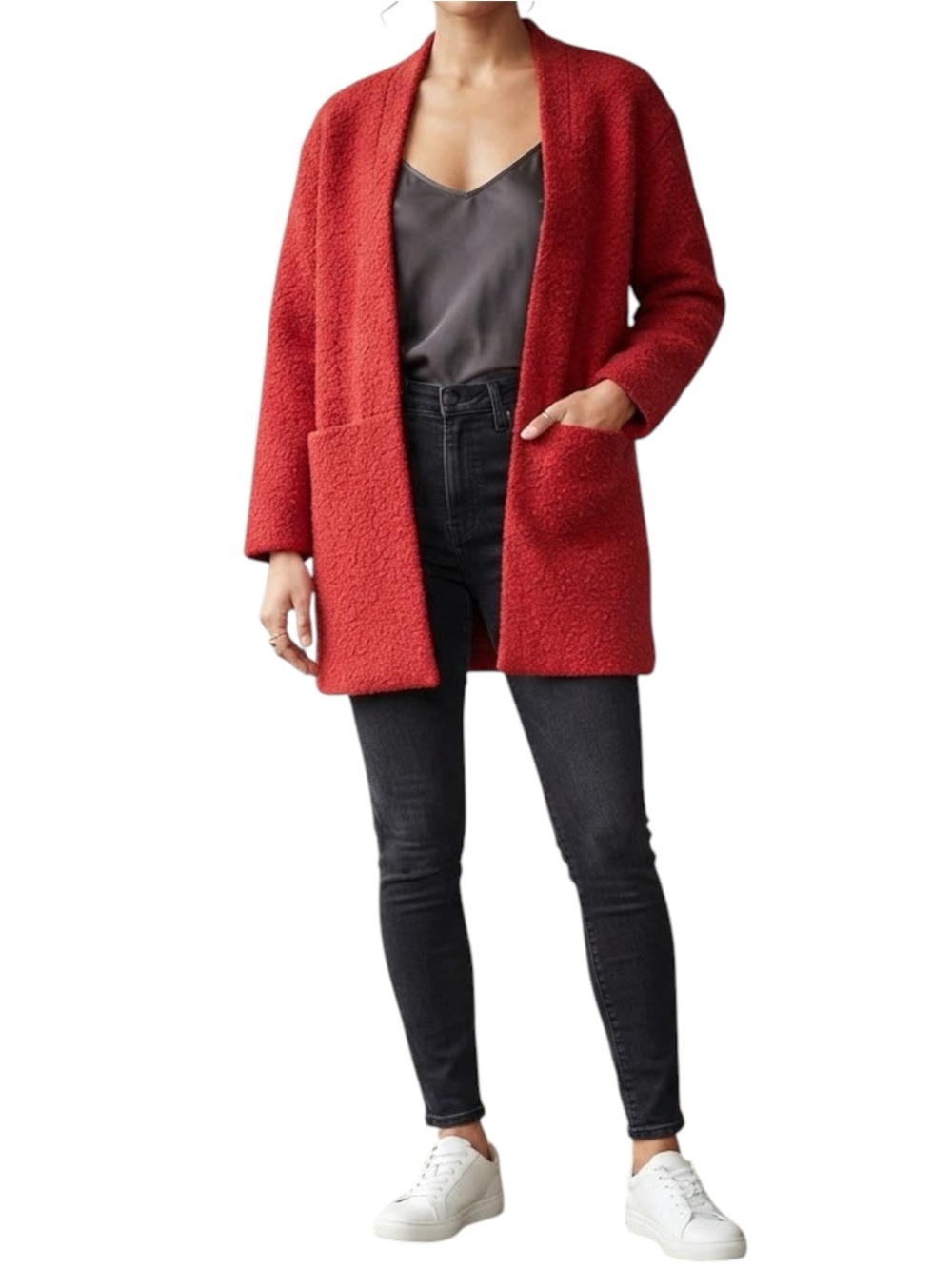 Luna Allegra Wool Blend Open-Front Bouclé Coat Red Size Small